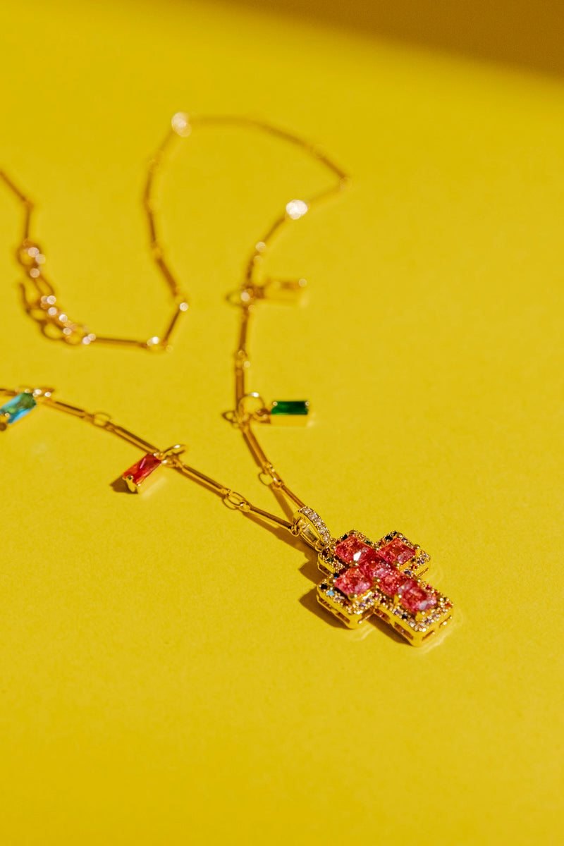 Gold Mini Cross Necklace - Red