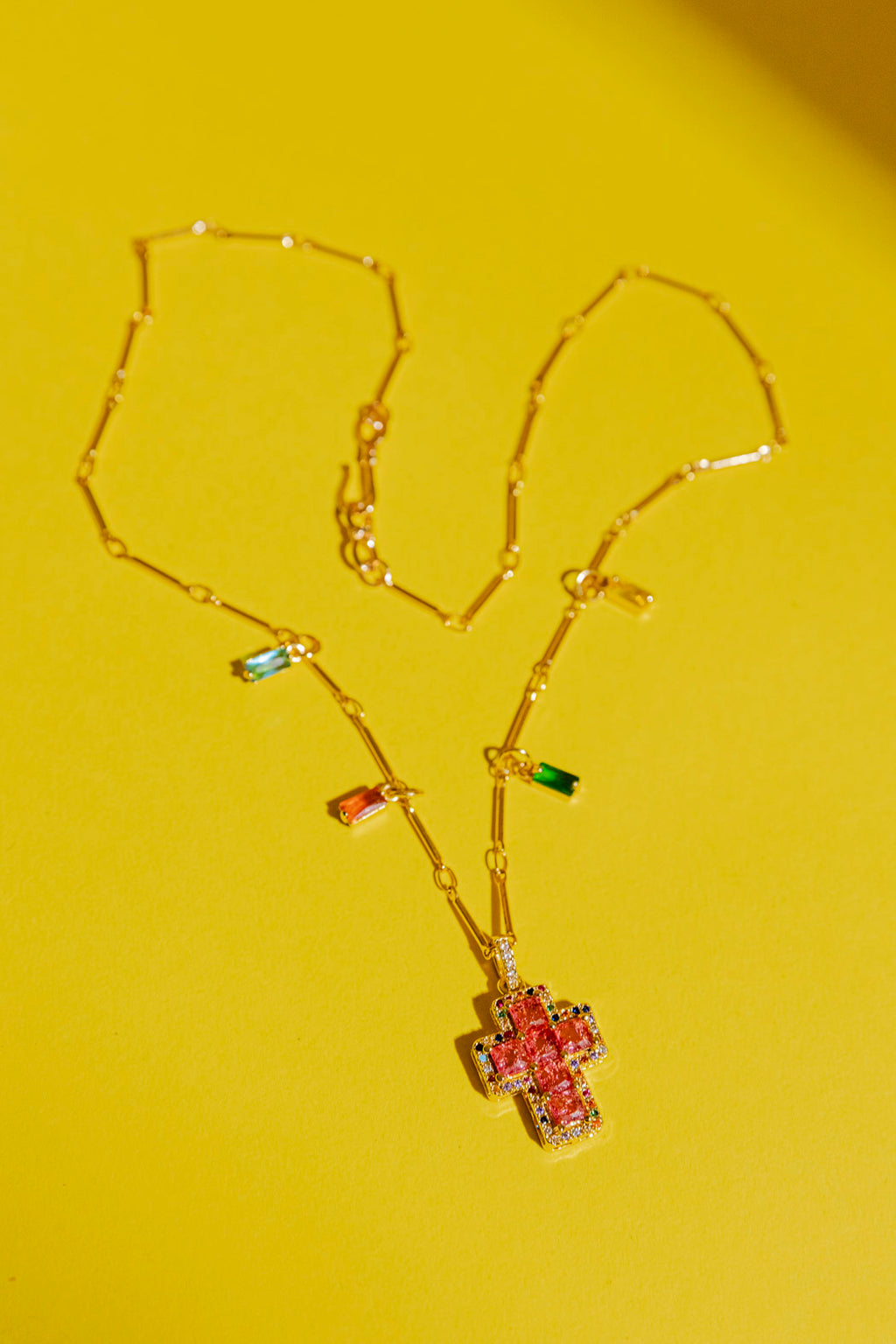 Gold Mini Cross Necklace - Red