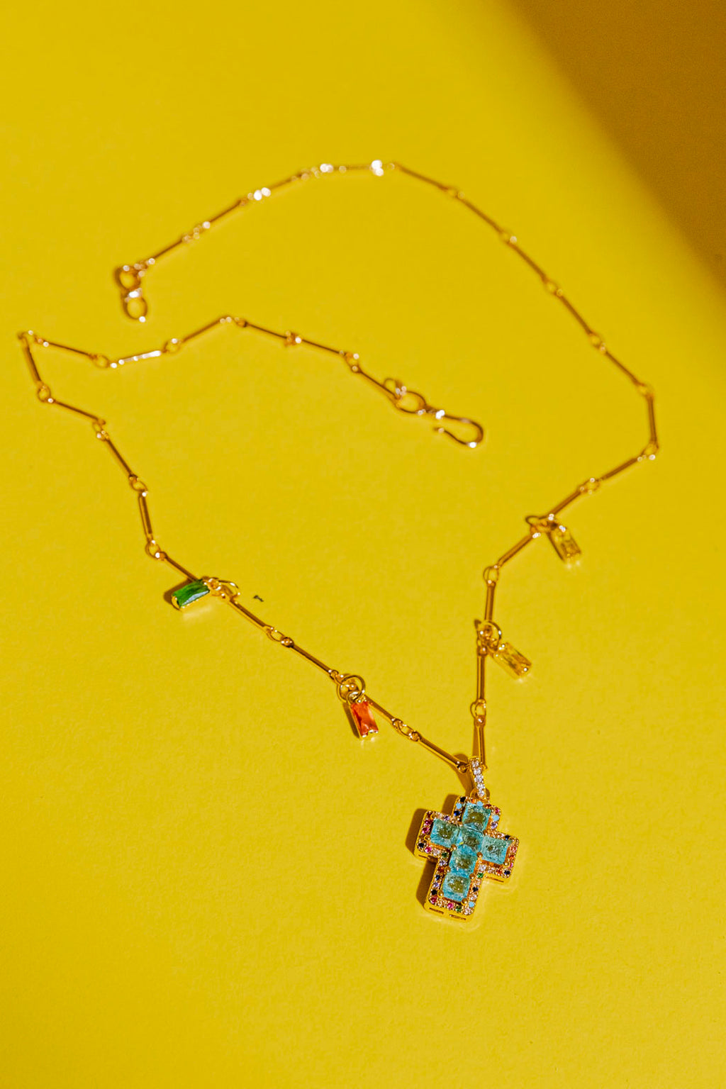 Gold Mini Cross Necklace - Blue
