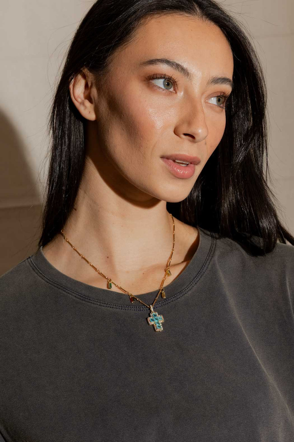 Gold Mini Cross Necklace - Blue