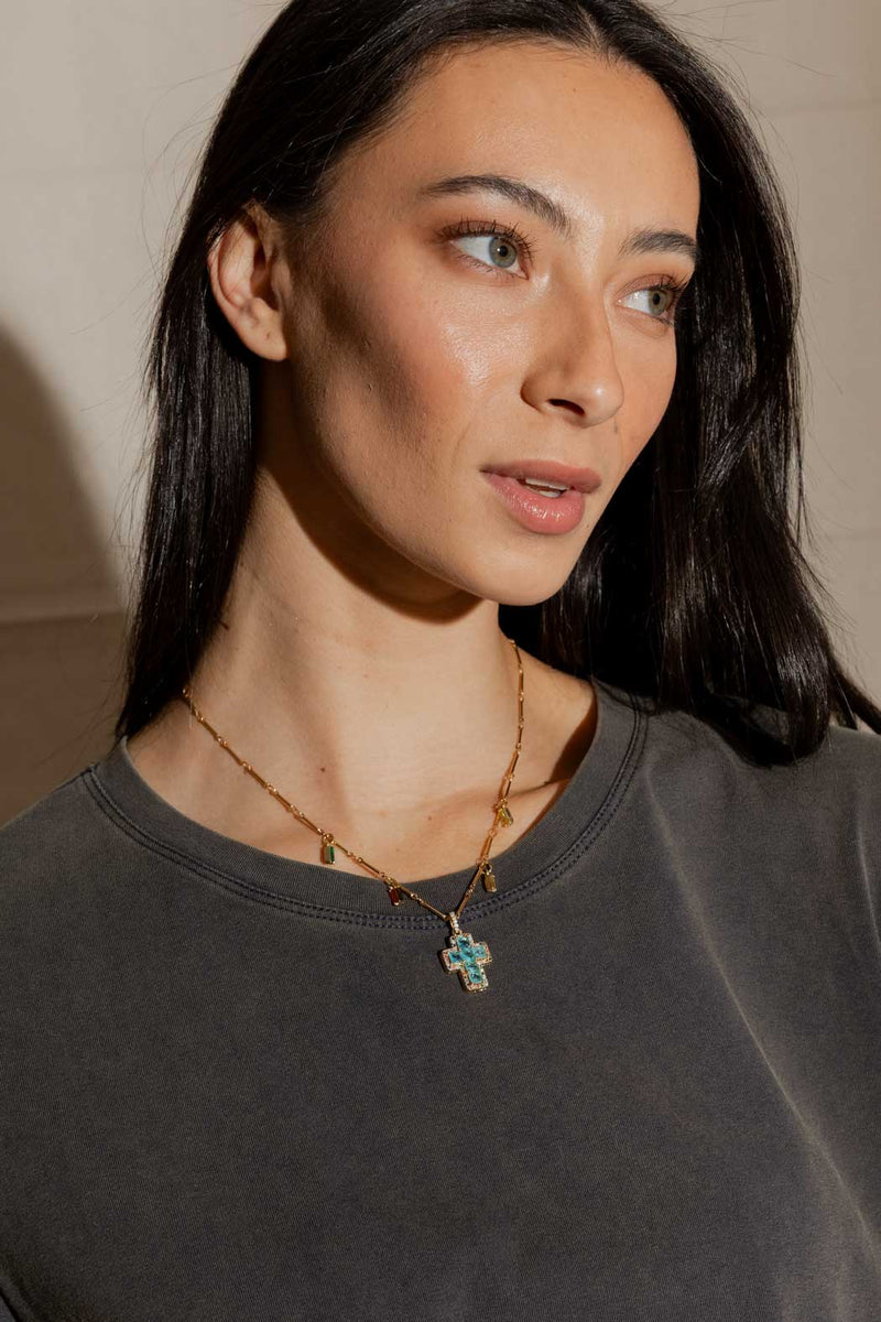 Gold Mini Cross Necklace - Blue