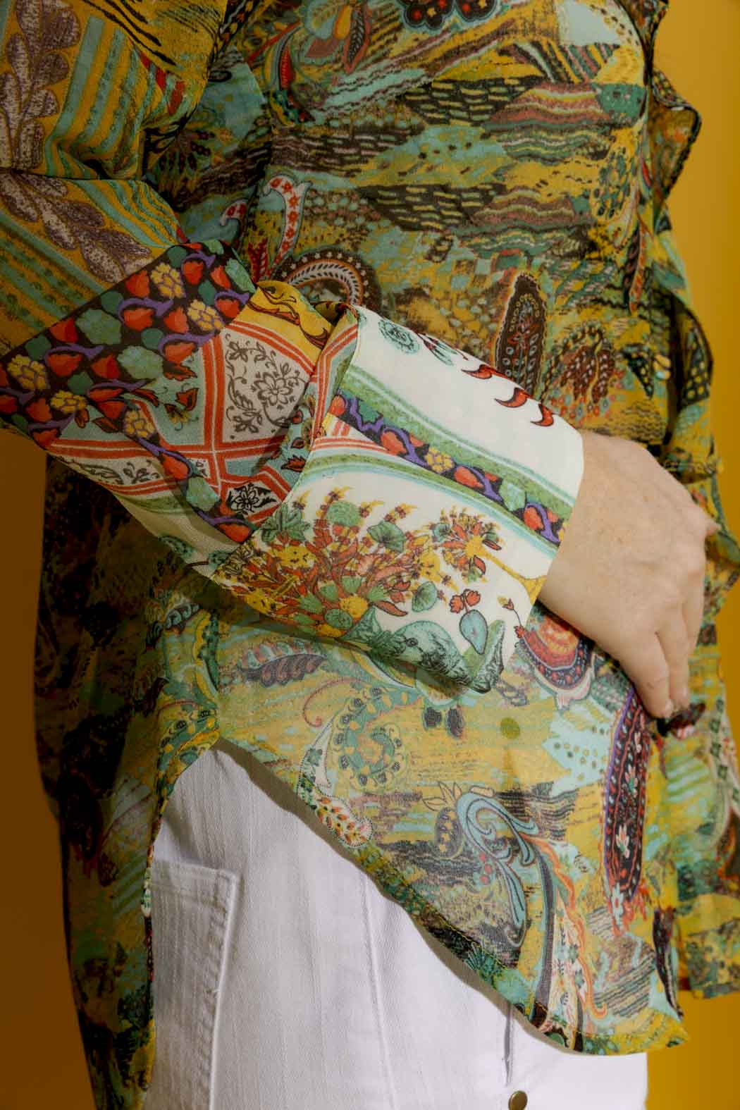 Yellow Print Cascade Frill Shirt