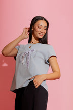 Soft Blue Washed T-Shirt with Handbag Print