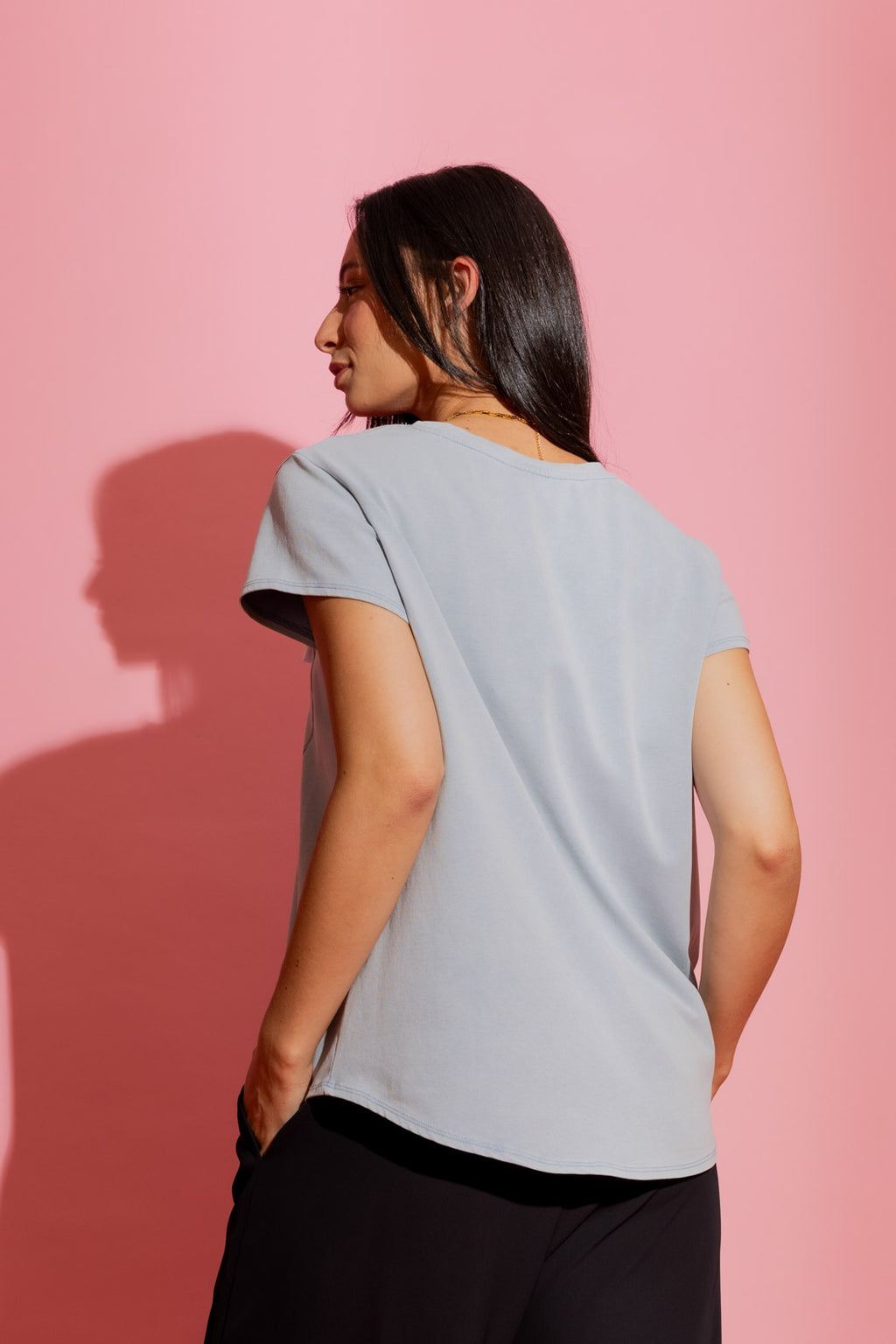 Soft Blue Washed T-Shirt with Handbag Print