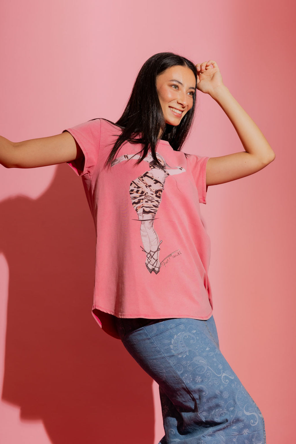 Pink Washed T-Shirt with Sequin Dancer Print