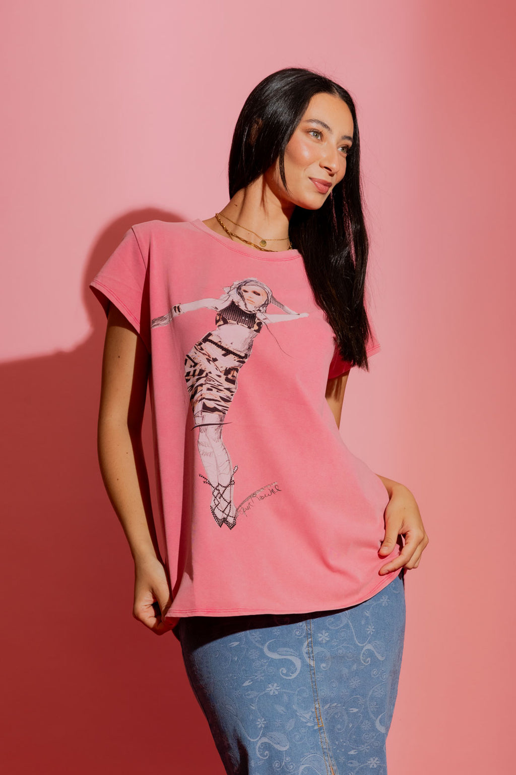 Pink Washed T-Shirt with Sequin Dancer Print