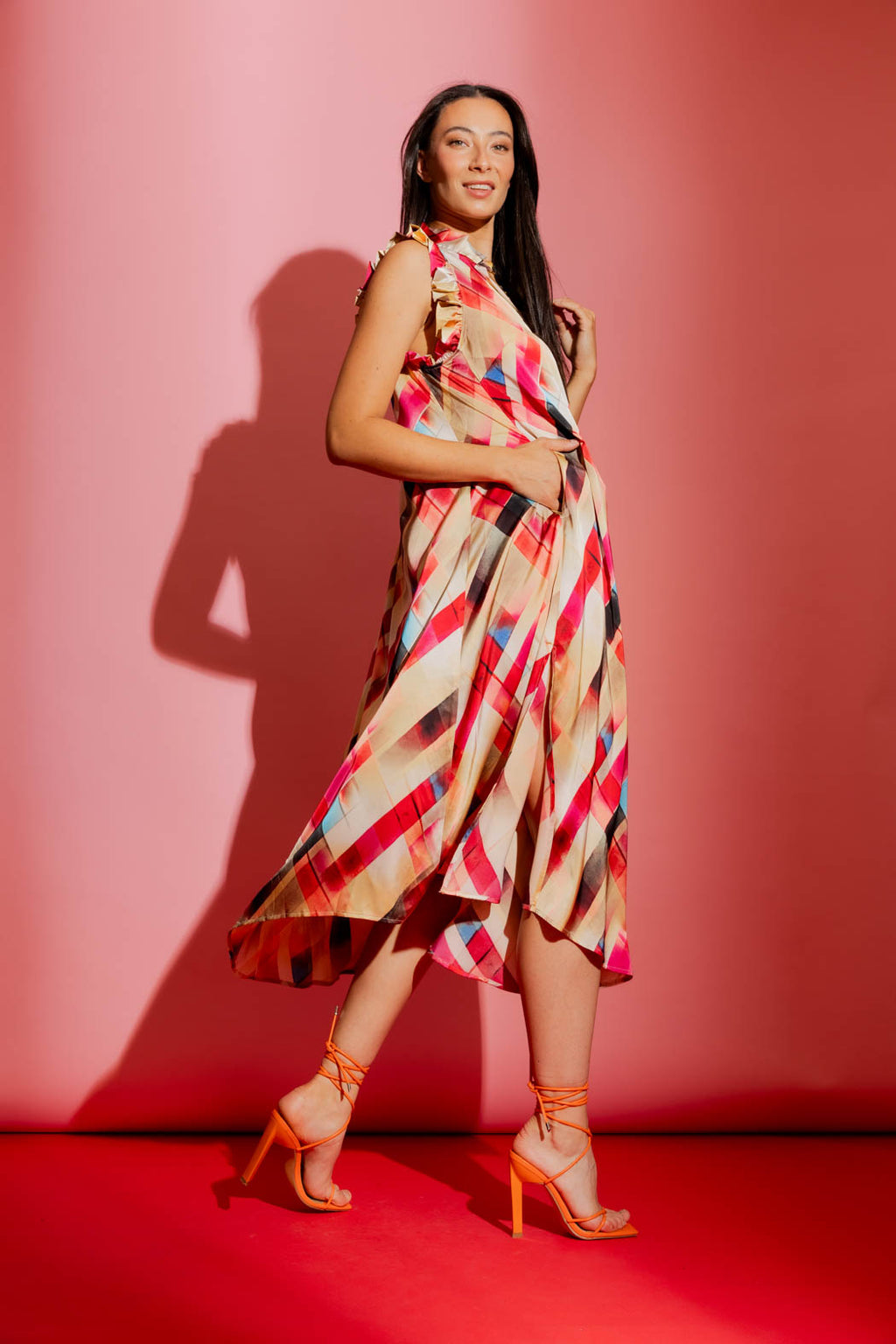 Red Check Ruffle Maxi Dress
