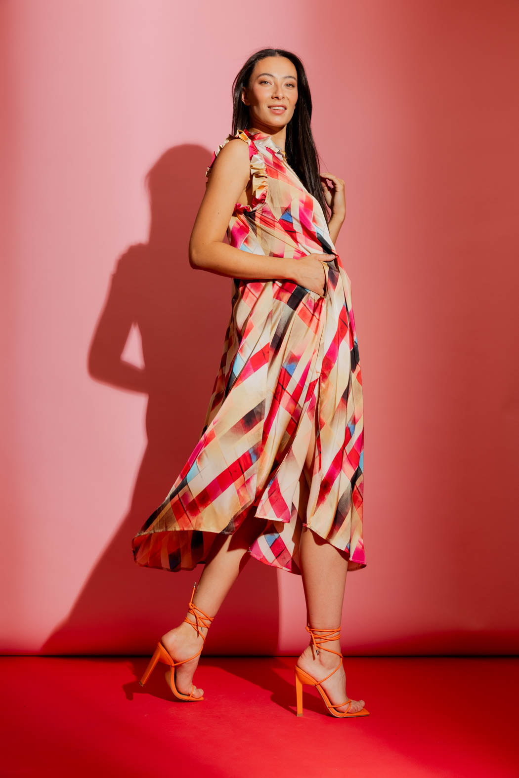 Red Check Ruffle Maxi Dress