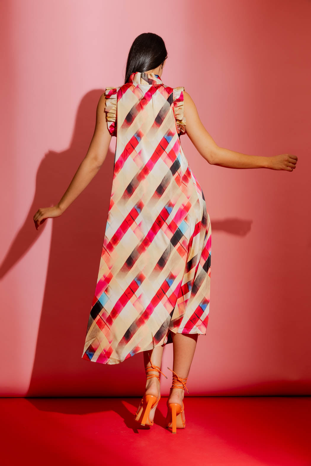 Red Check Ruffle Maxi Dress
