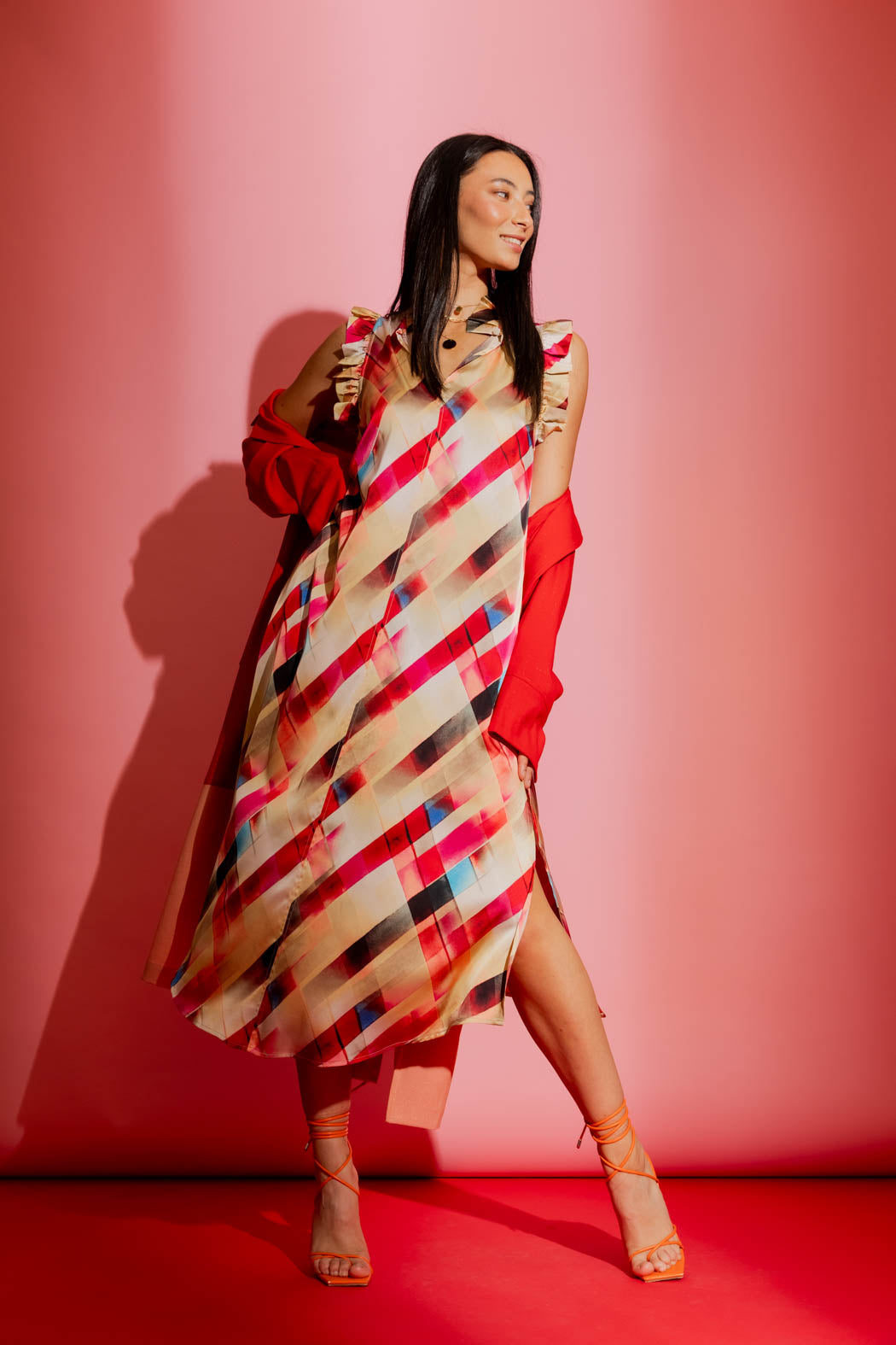 Red Check Ruffle Maxi Dress