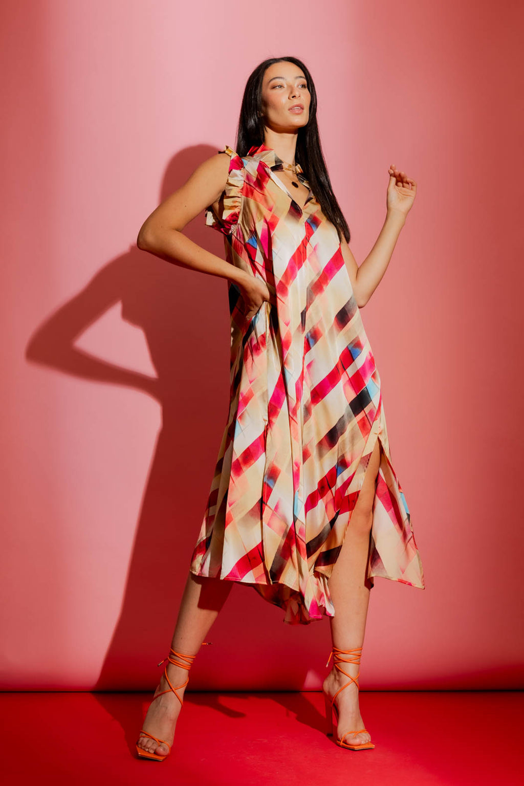 Red Check Ruffle Maxi Dress