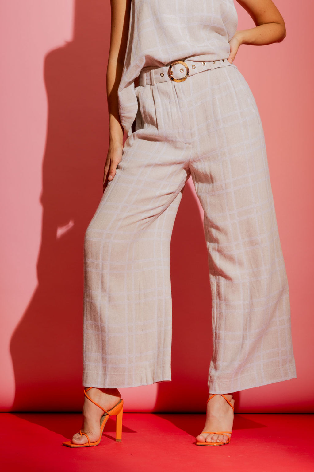 Natural Check Linen Crop Cleo Pant