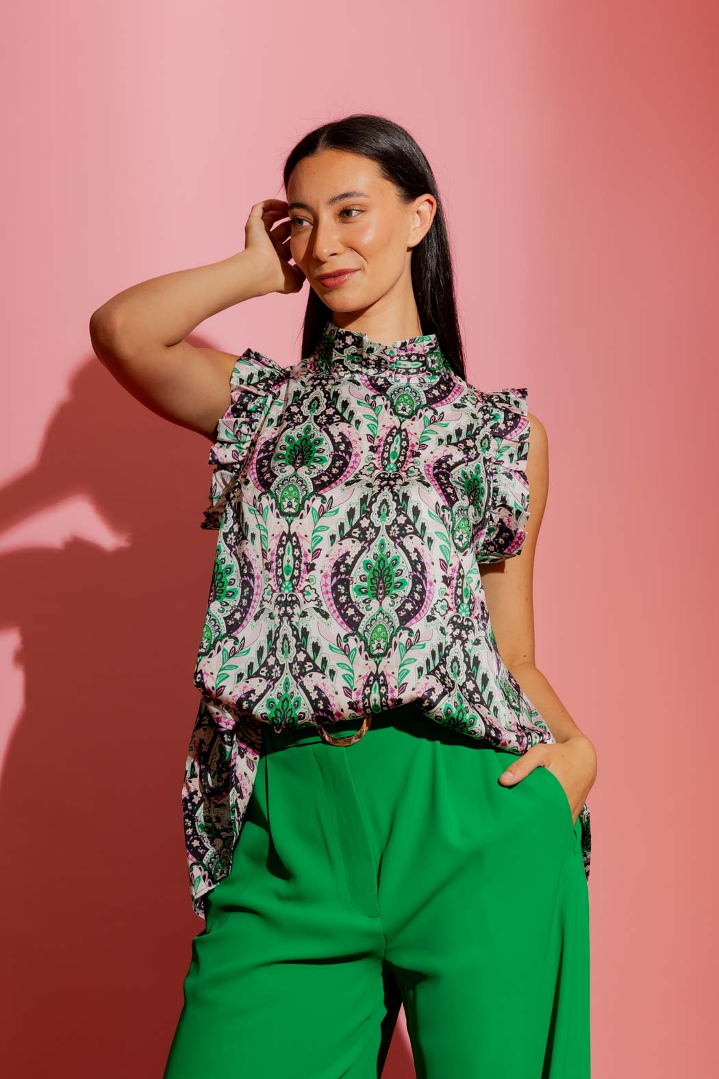 Green / Pink Ruffle Cami