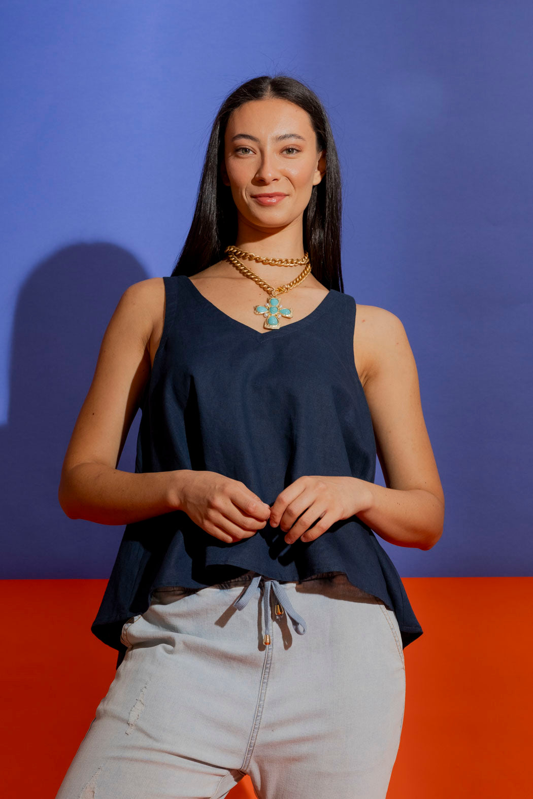 Navy Linen Bell Cami