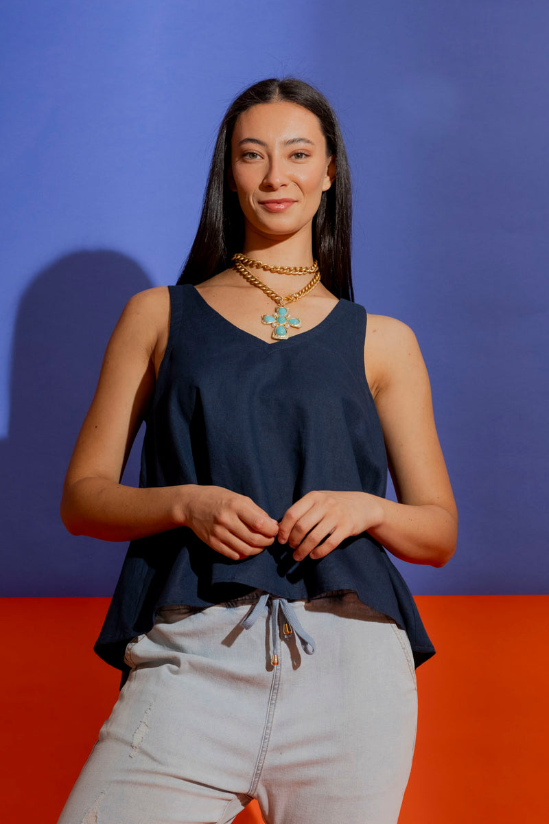 Navy Linen Bell Cami