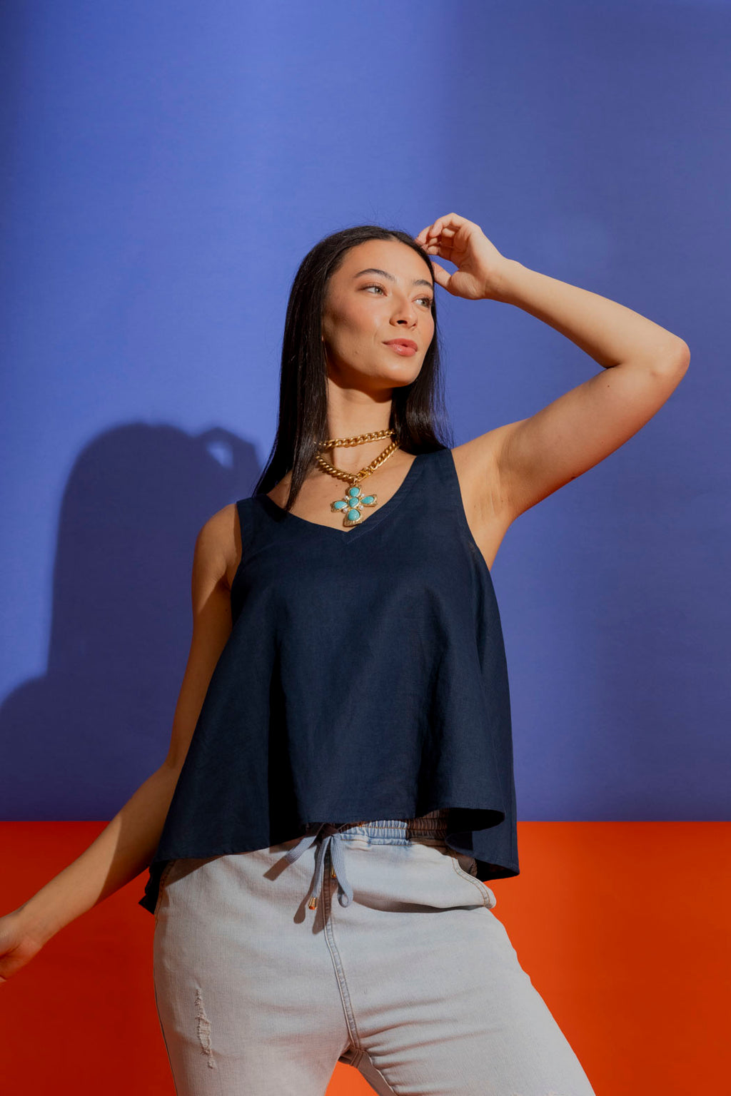 Navy Linen Bell Cami