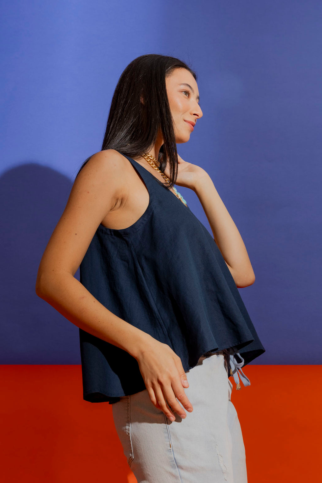 Navy Linen Bell Cami