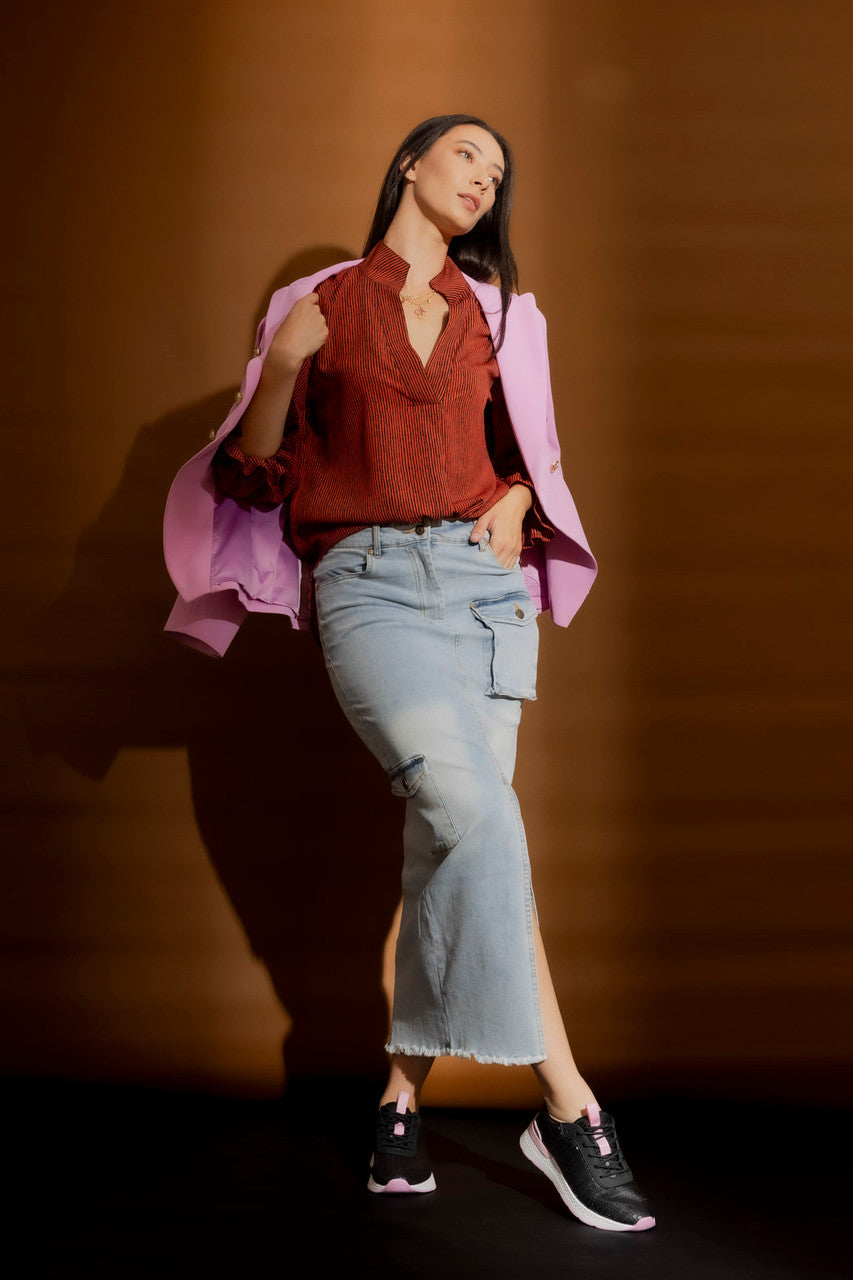 Light Denim Cargo Split Skirt