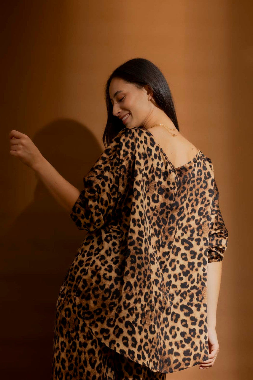 Tan Animal Silky Hi-Low Top Tan Animal