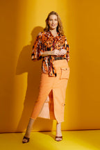 Orange Print Silky Keyhole Shirt