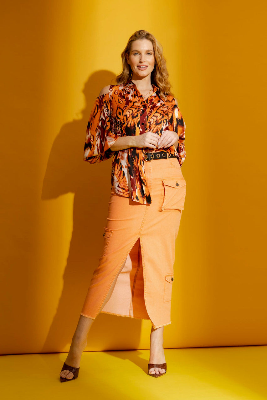 Orange Print Silky Keyhole Shirt