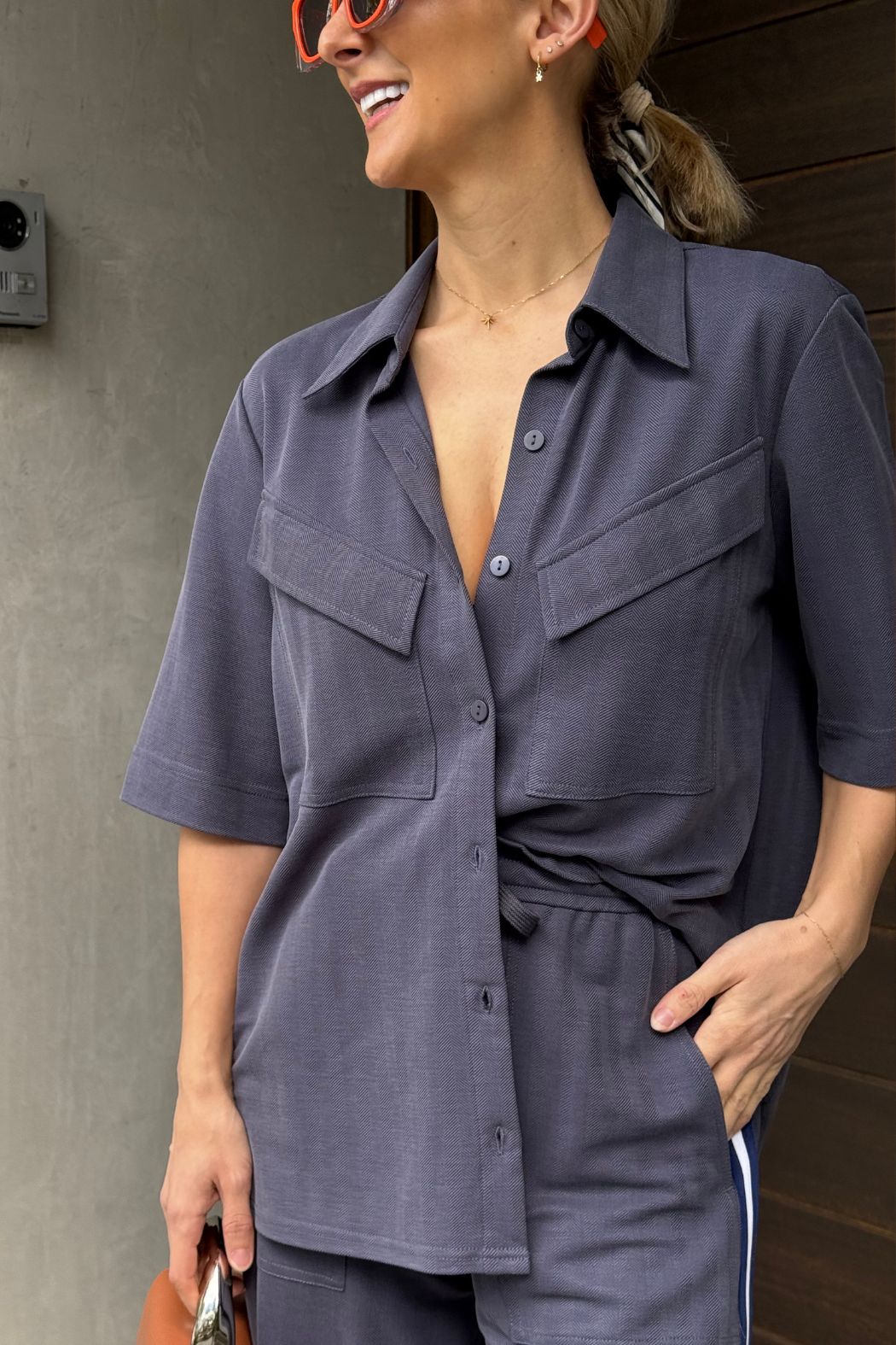 Navy Herringbone Pocket Shirt