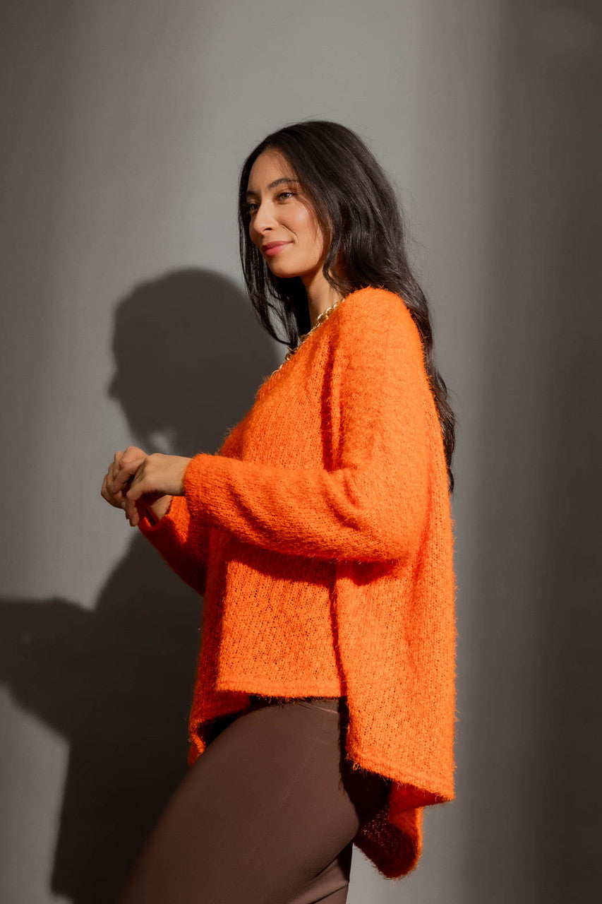 Orange Fluffy V Neck Jumper