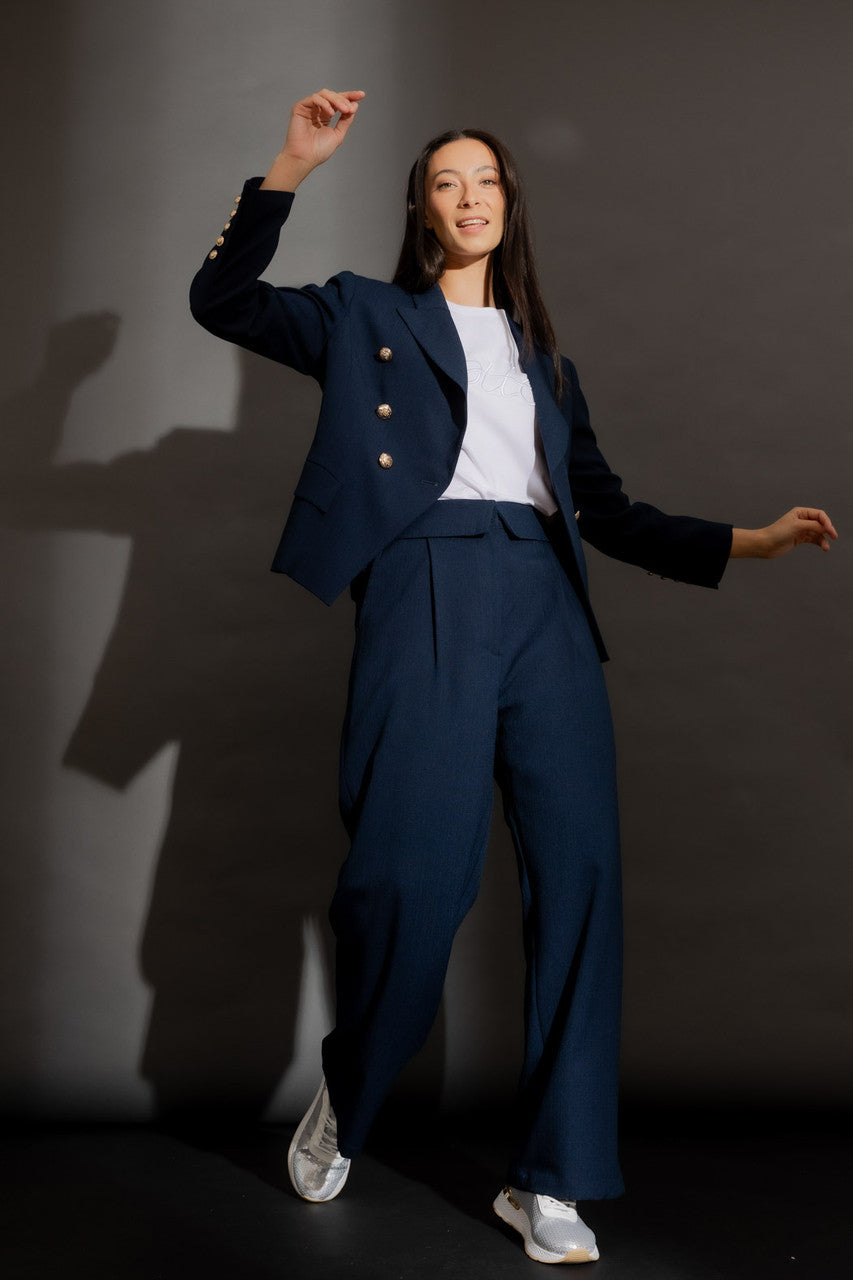 Navy Textured Paperbag Pant