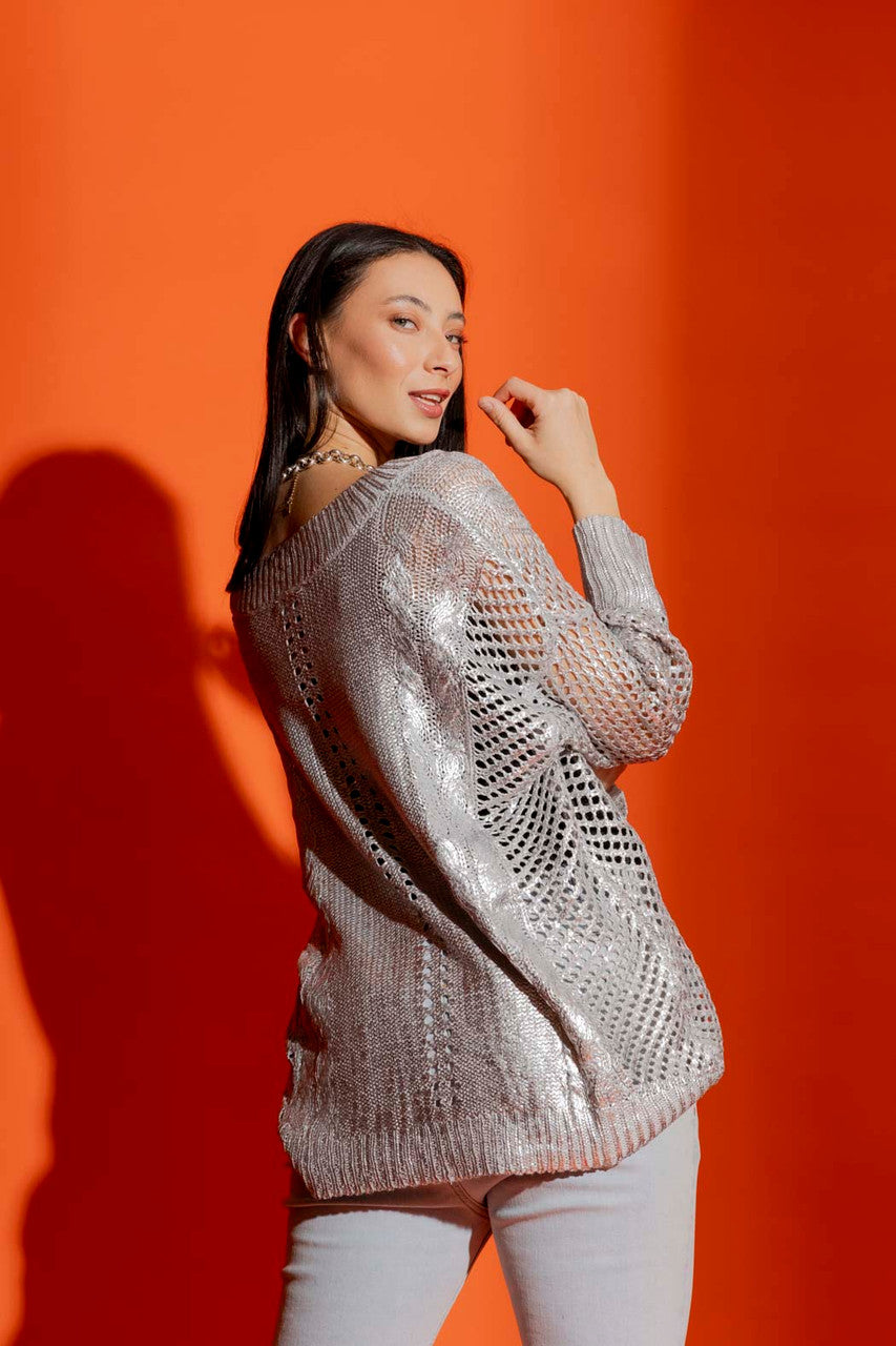Silver Foil Crochet V Neck Jumper
