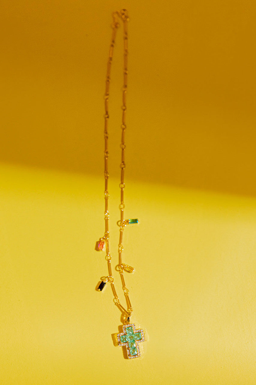 Gold Mini Cross Necklace - Green