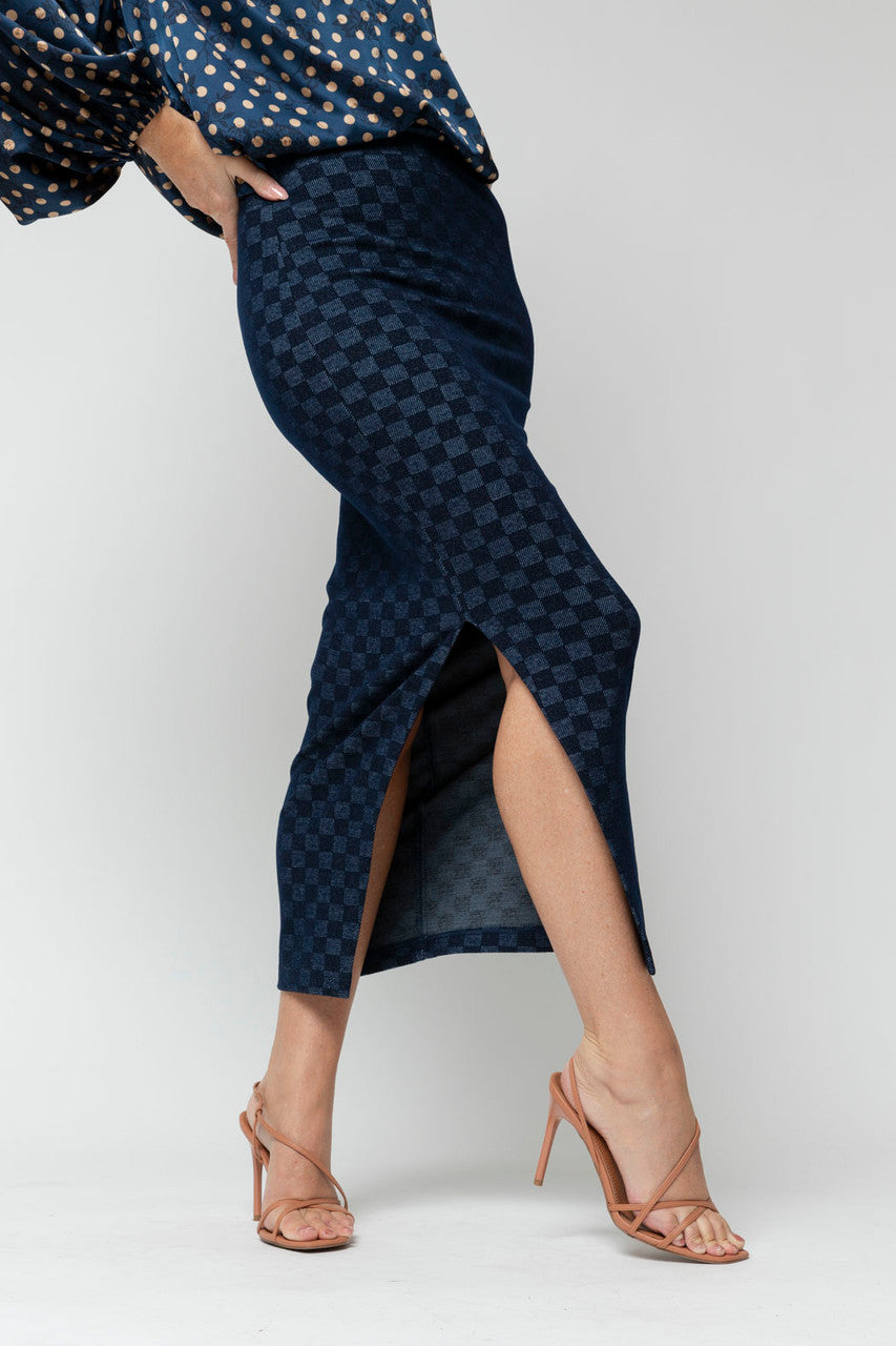 Navy Check Split Skirt