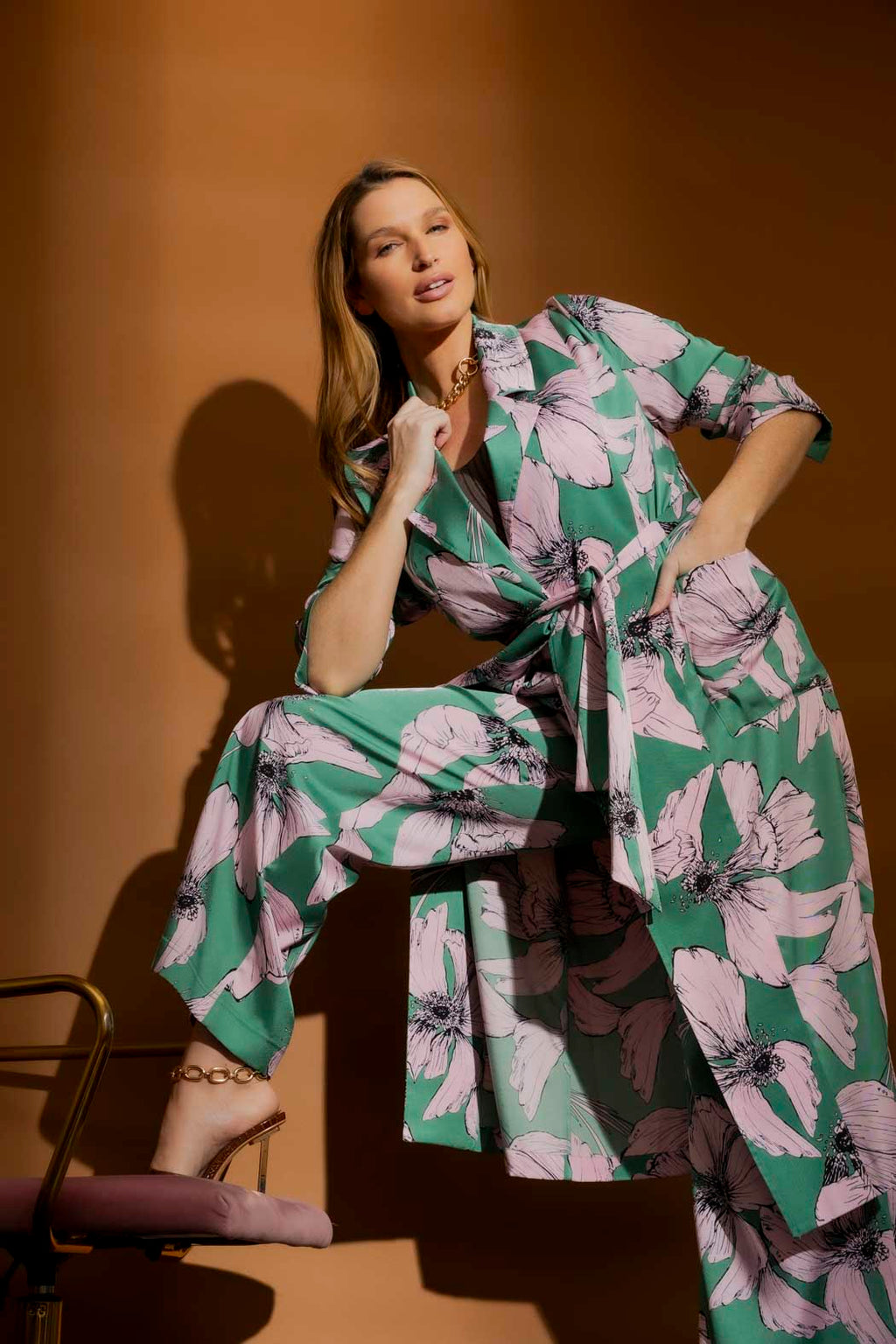 Pink/Green Print Trench Coat