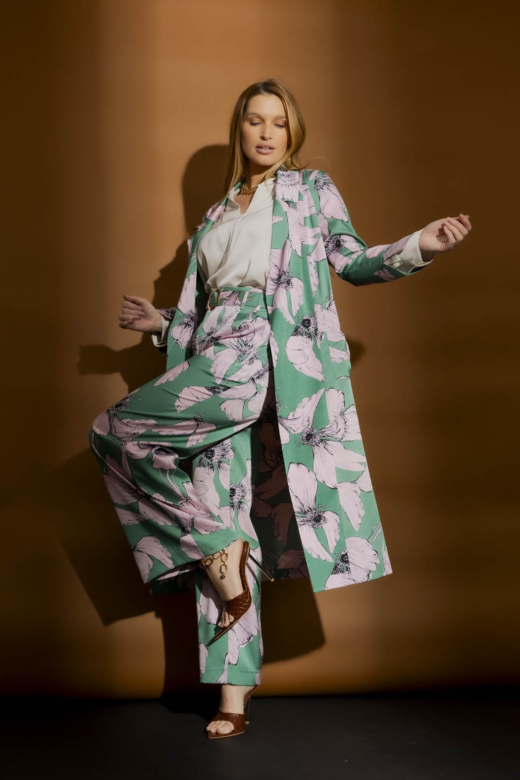 Pink/Green Print Trench Coat