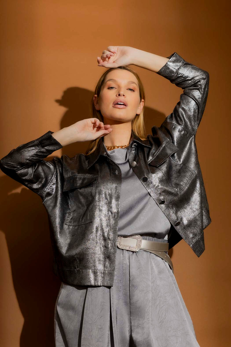 Silver Liquid Lame Shacket