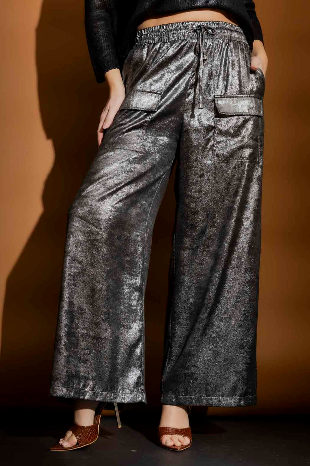 Silver Liquid Lame Cargo Pants