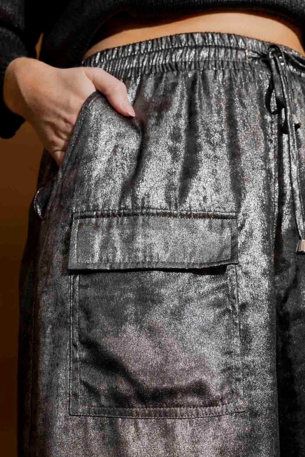 Silver Liquid Lame Cargo Pants