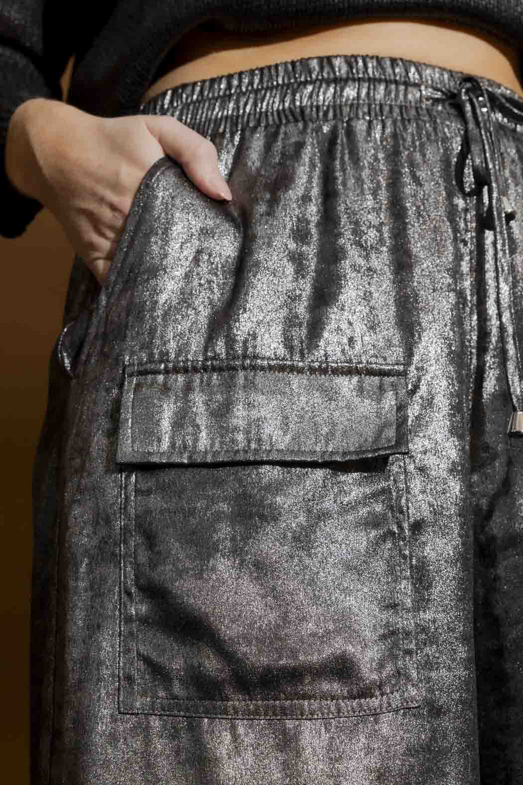 Silver Liquid Lame Cargo Pants