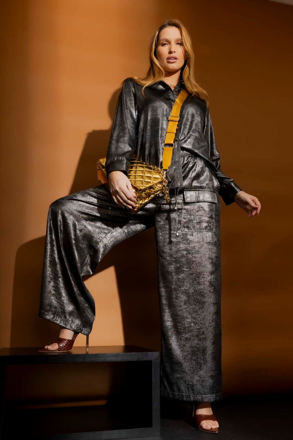 Silver Liquid Lame Cargo Pants