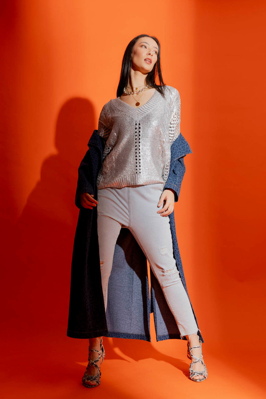 Silver Foil Crochet V Neck Jumper