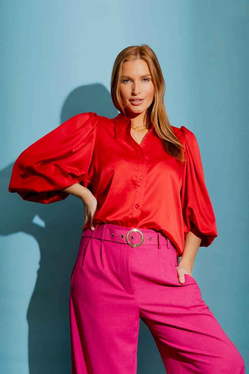 Red Silky Balloon Shirt