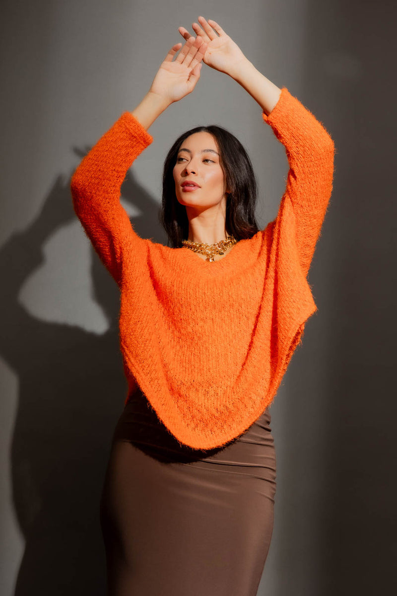 Orange Fluffy V Neck Jumper