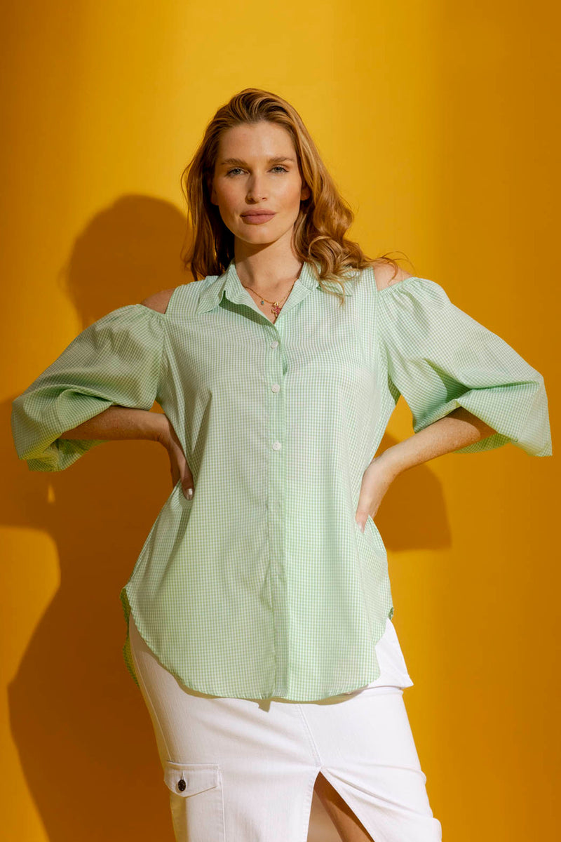 Green Gingham Cold Shoulder Shirt
