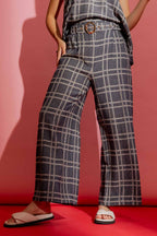 Navy Check Linen Crop Cleo Pant