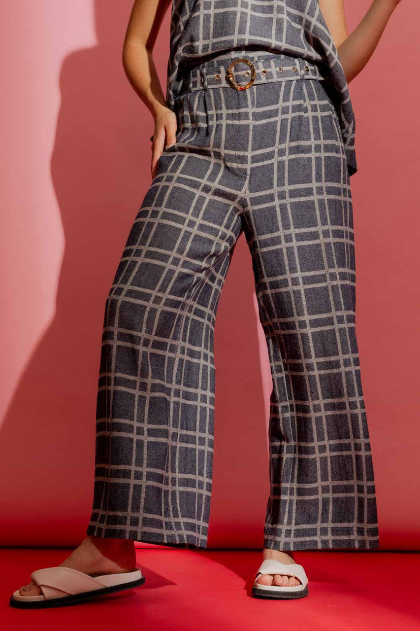 Navy Check Linen Crop Cleo Pant