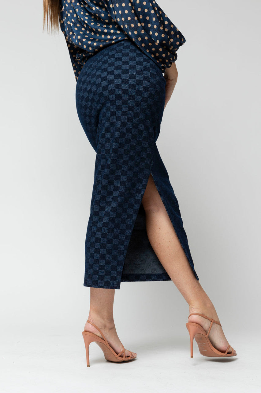 Navy Check Split Skirt