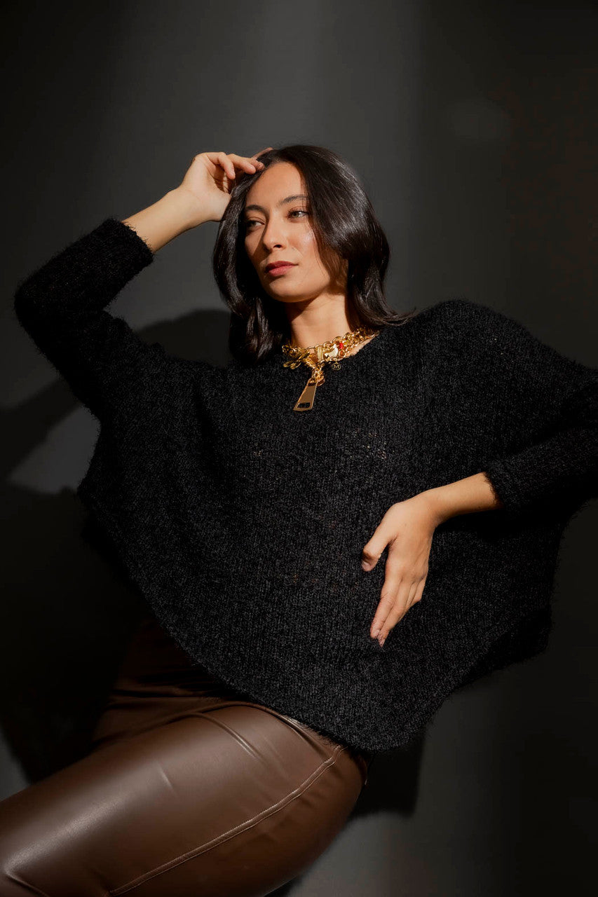 Black Fluffy Crew Neck Jumper