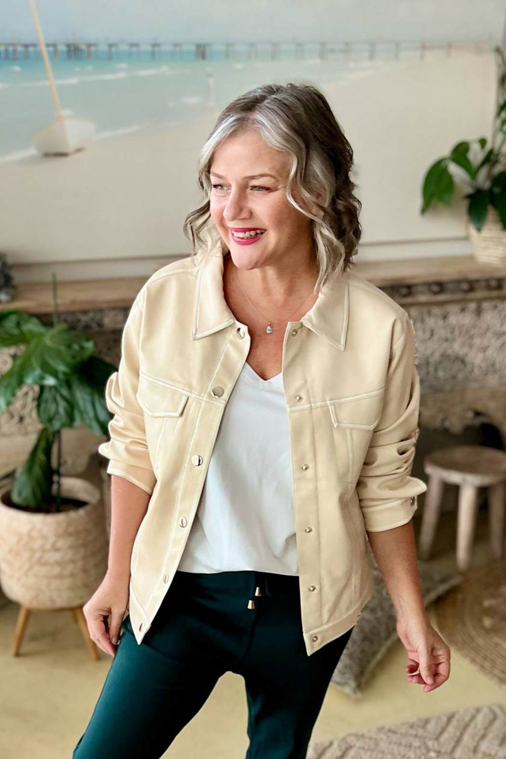 Oatmeal Faux Leather Vintage Jacket