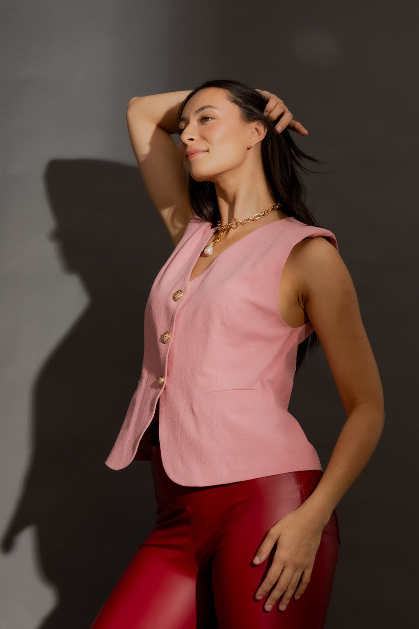 Pink Sandwashed Linen Tailored Vest