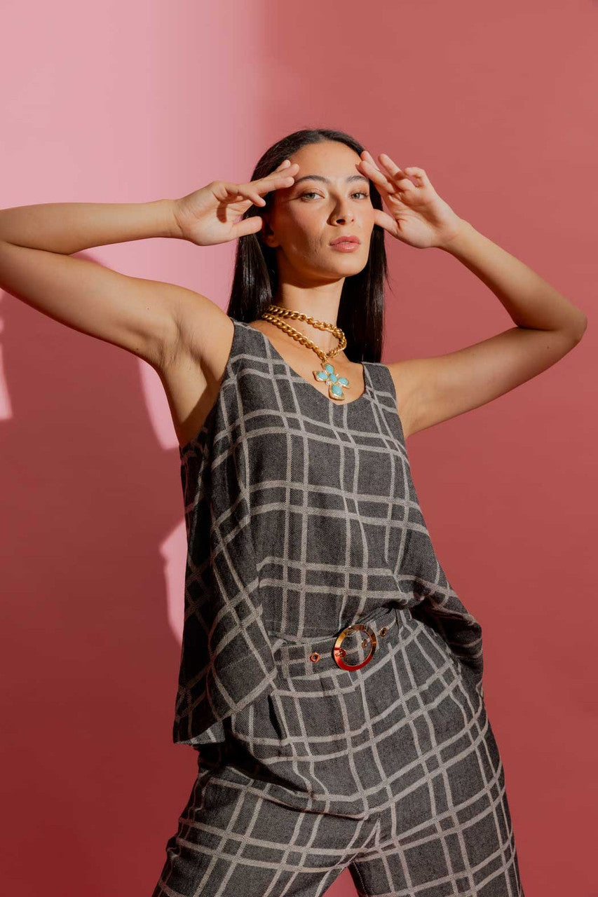 Black Check Linen Bell Top