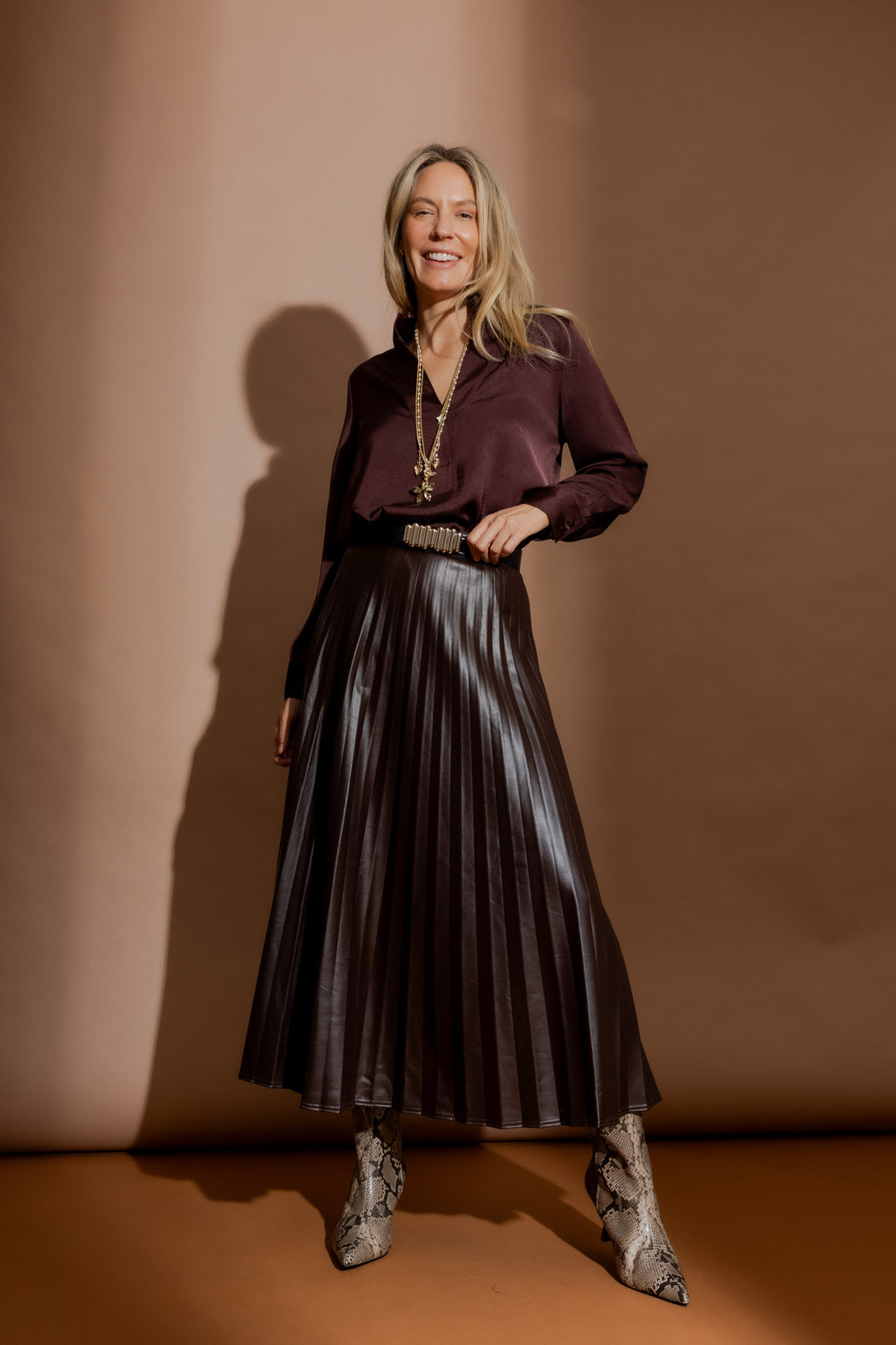 Coffee Croc Coated Pleat Skirt
